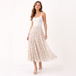 Frime White Floral Pleated Midi Skirt Size L Romantic Cottagecore Flowy Vintage